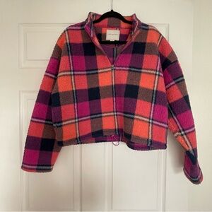 American Eagle Plaid Cropped Fleece 1/4 Zip Size M. Pink, purple, orange & blue.